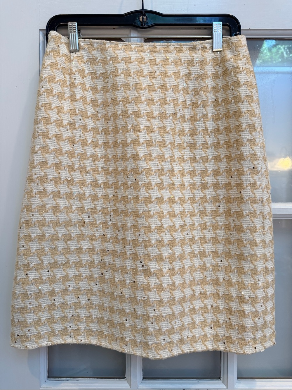 Escada Virgin Wool Beige White Plaid Houndstooth Sequin A-Line Skirt Size 10 US